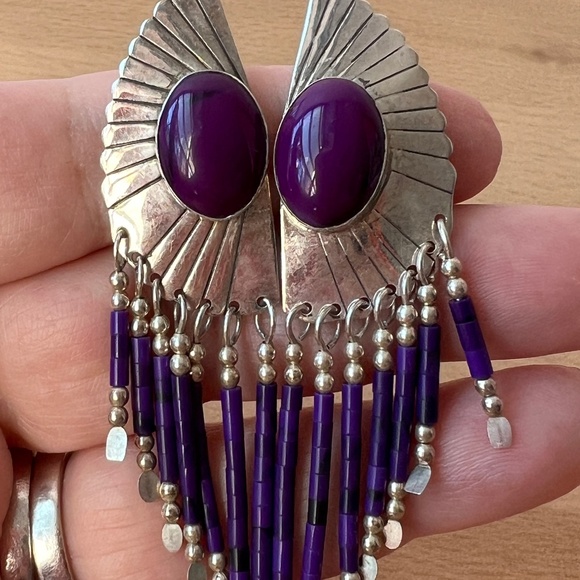 NATIVE AMERICAN NAVAJO SUGILITE DANGLE DROP STATEMENT STERLING FEATHER EARRINGS